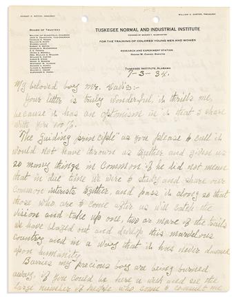 (SCIENCE.) George Washington Carver. Letter announcing that barriers, my precious boy, are being burned away.